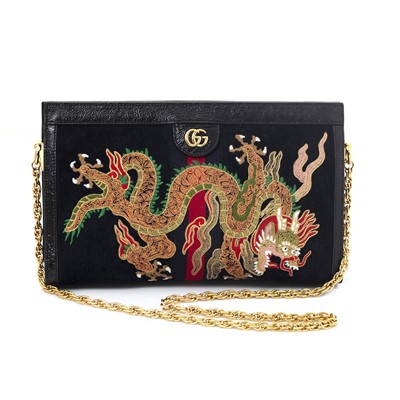 Lot 15 - Gucci Suede Patent Web Dragon Embroidered Ophidia