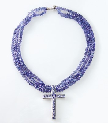 Lot 6 - Triple strand tanzanite bead necklace and cross pendant/enhancer