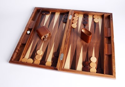 Lot 105 - An iridescent wood backgammon set