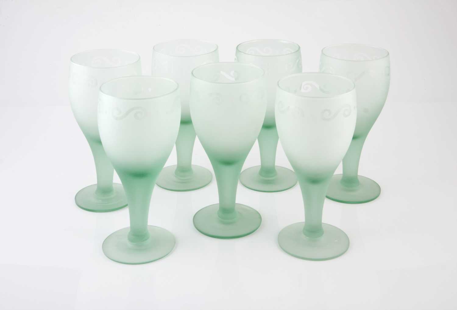 Lot 141 - Seven sandblasted wine glasses