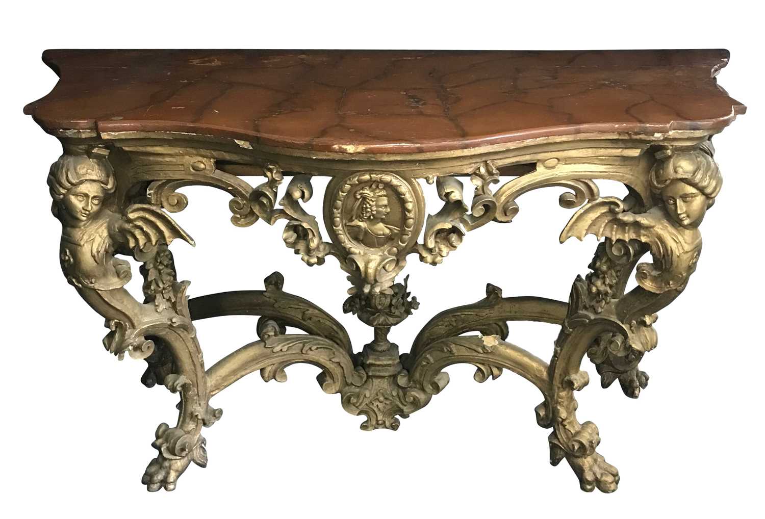 Lot 15 - A Carved Giltwood Console Table with Figural Scrollwork Decoration