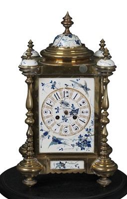Lot 43 - A Brass Table Clock With Blue Porcelain Inlays, 19th Century