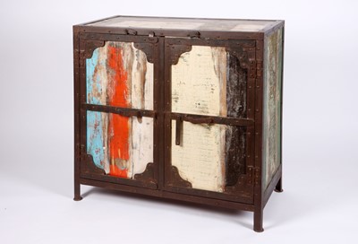 Lot 44 - A distressed painted wood and metal-bound side cabinet