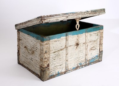 Lot 45 - A distressed painted-wood and metal-bound chest