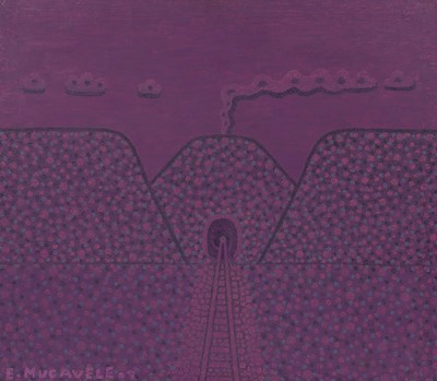 Lot 210 - Estevao Mucavele, b.1941 Mozambique, Untitled (Purple Railway through Mountains)