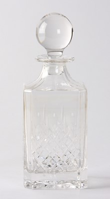 Lot 10 - ,A modern square clear glass whisky decanter with lattice and splits, star cut base and a globular stopper