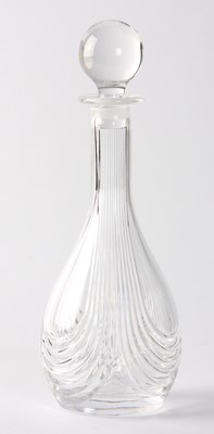 Lot 14 - ,A modern clear glass ovoid decanter with long fluted neck, cut with a split band and clear glass globular stopper