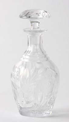 Lot 17 - ,A mid 20th century clear glass decanter cut with rose pattern, the neck cut with rings and fluting and a mushroom stopper with later star of David cutting