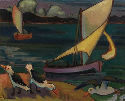 Lot 83 - Maggie Laubser, By die See (Seascape with Boats and Birds)